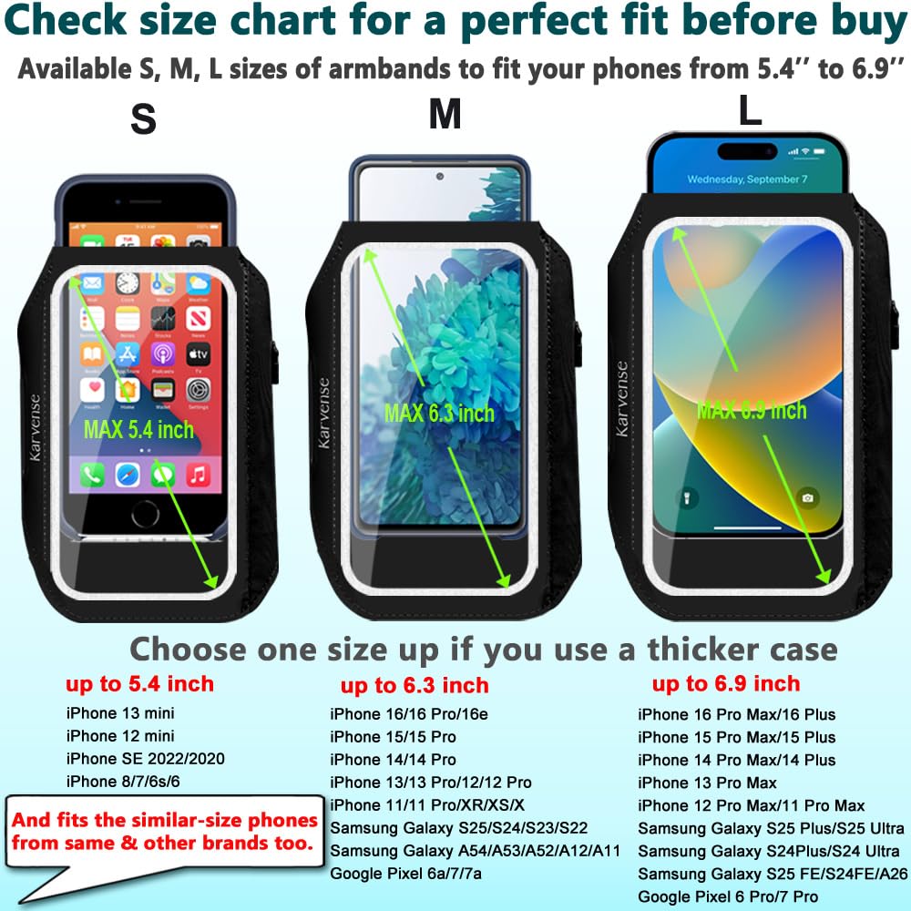 Karvense Running Phone Holder, Arm Band for Running for iPhone & Samsung Galaxy, Cell Phone Armband Holder for Walking, Gym, Workout, Men, Women, w/Adjustable Strap & Zipper Pocket (Black-L)