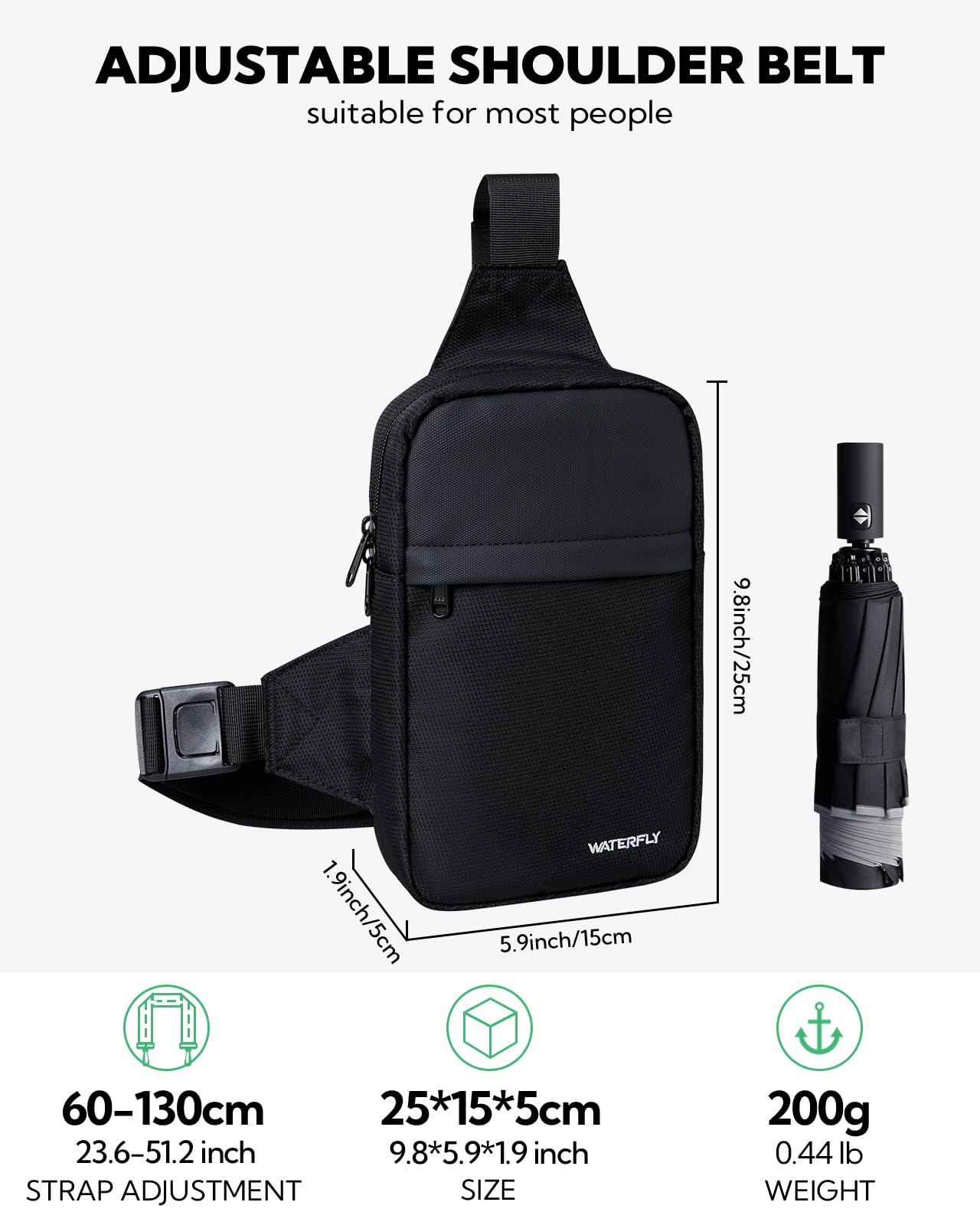 WATERFLY Crossbody Chest Sling bag: Small Shoulder Bag Crossover Cross Body Bag for Work Travelling Women Men