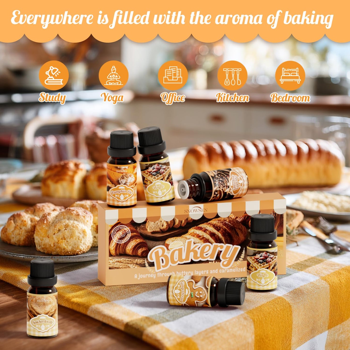 Bakery Essential Oils Gift Set, SNOWSEN Dessert Fragrance Oils for Diffuser for Home, Pumpkin Pie, Waffle, Coffee Cake, Chocolate Cupcake, Gingerbread, Snickerdoodle Aromatherapy Oils