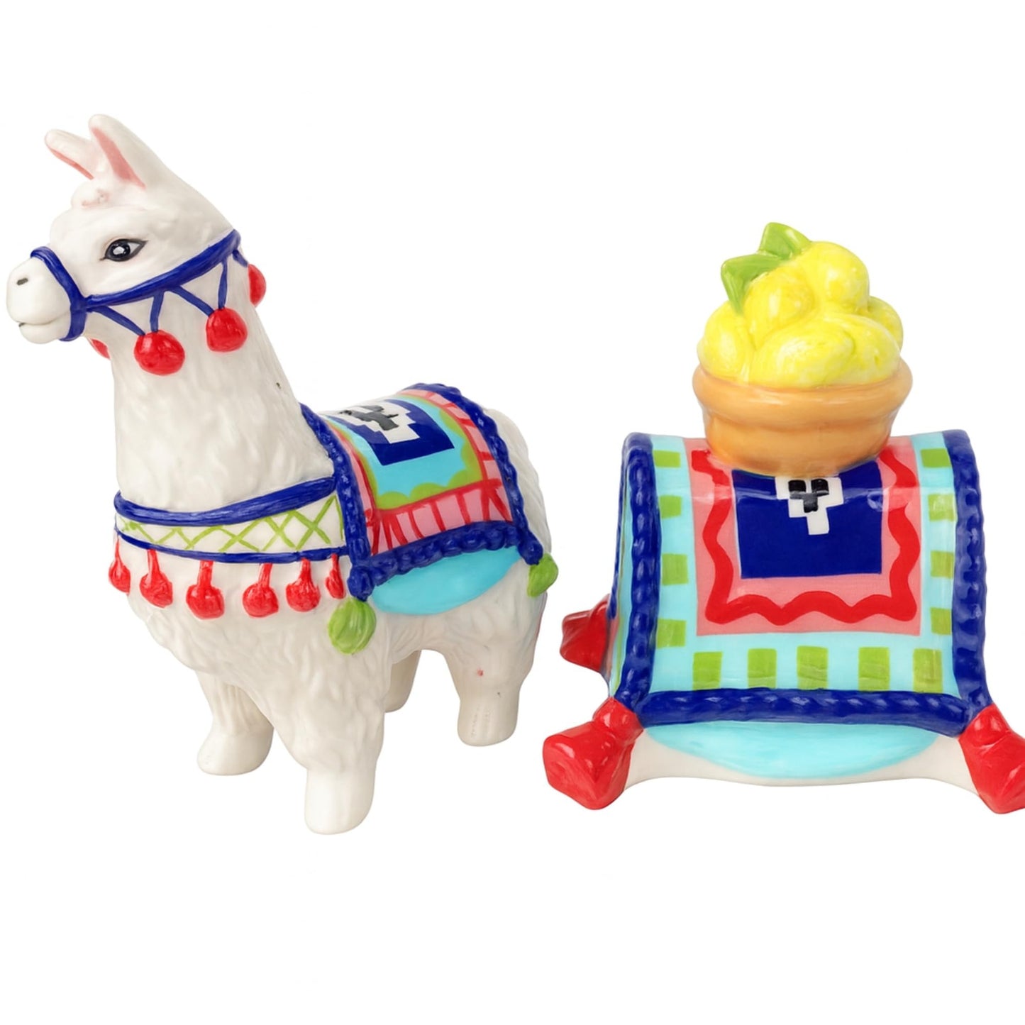 Blue Sky Ceramic Indian Woman with Feather Headdress' Indian Lemon Llama Salt & Pepper Set, Multicolor