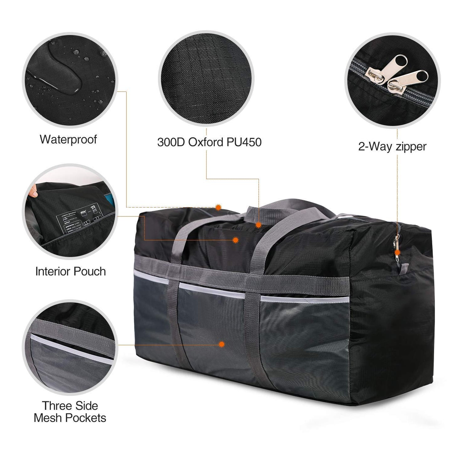 REDCAMP Foldable Travel Bag, 96L Extra Large Sports Bag, Packable Duffle Bag, Lightweight Waterproof Duffel Holdall Bag, Black