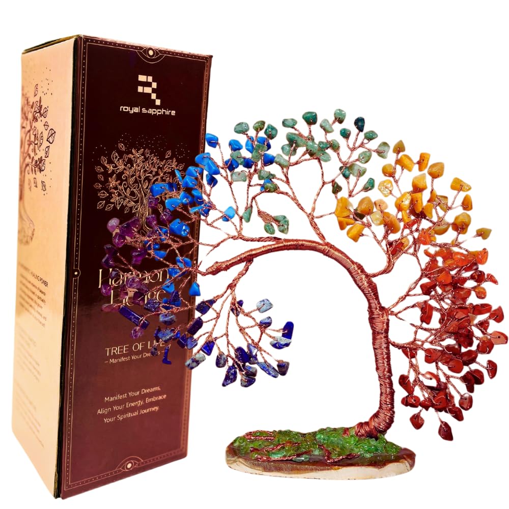 Royal Sapphire 7 Chakra Crystal Tree of Life, Handmade Feng Shui Decor, Healing Crystals and Stones, Home Office Decoration, Gift