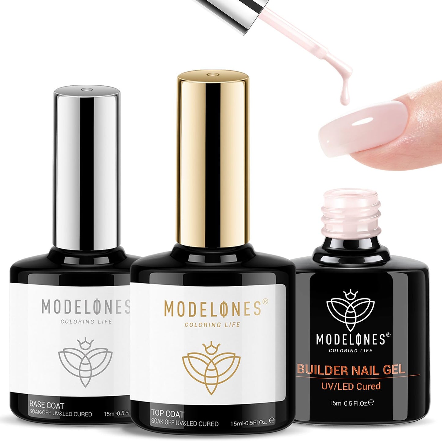 modelones Builder Nail Gel with Gel Top Coat, 3Pcs Clear Builder Nail Kit for Thickening Apex Building Extension Rhinestone Gel Tips Glue, U/V LED Lamp Cured for Home DIY Salon Girls