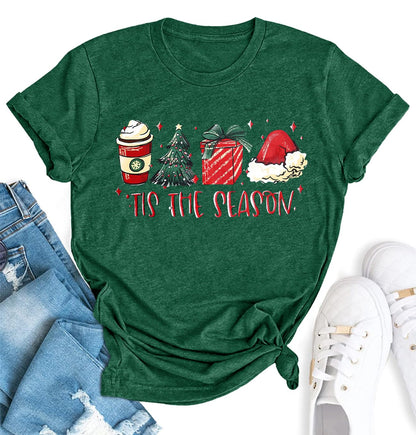 YZMI Tis The Season Christmas Tree T-Shirt Latte Coffee Xmas Gift Santa Hat Tee Tops Green L