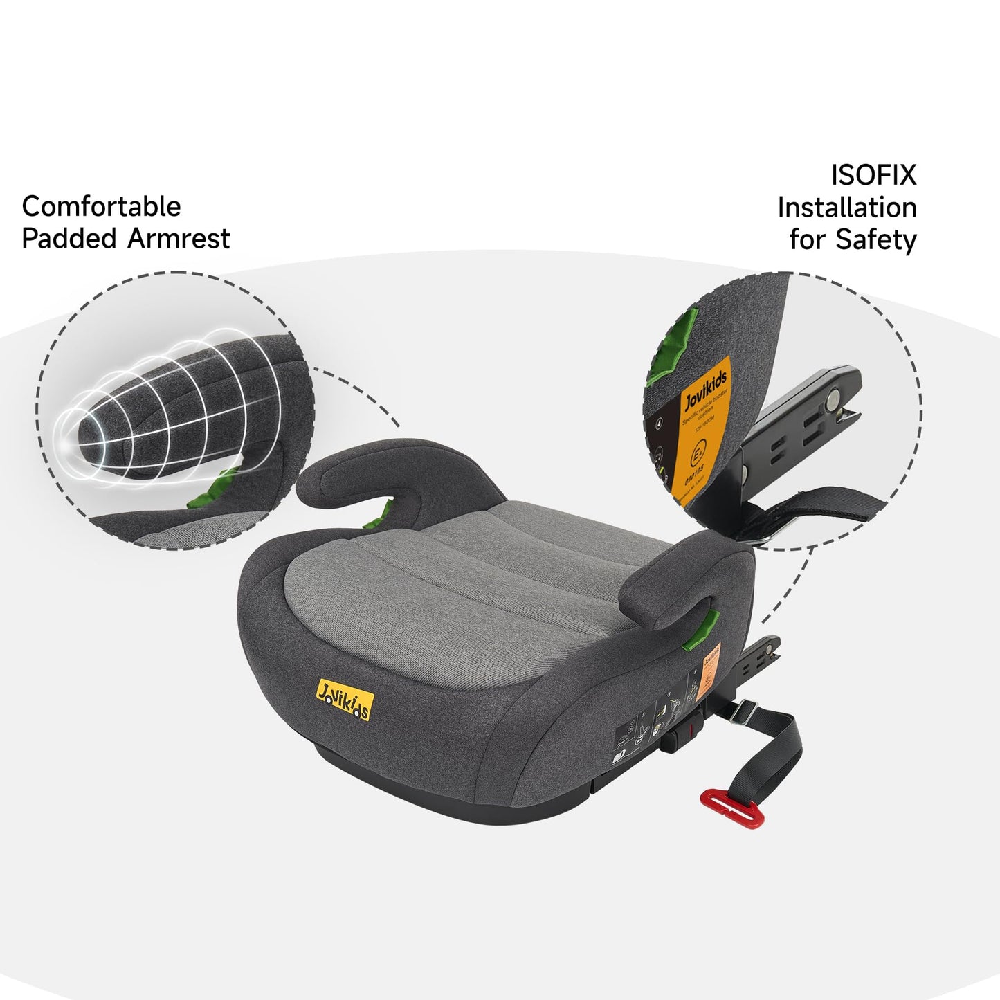Jovikids I-Size Booster Seat for Car with ISOFIX, 125-150cm (Group 2/3, 6-12 Years), Portable Car Seats for Kids, Comfortable, Compact, Convenient for Everyday Use, Great for Travel, ECE R129, Black