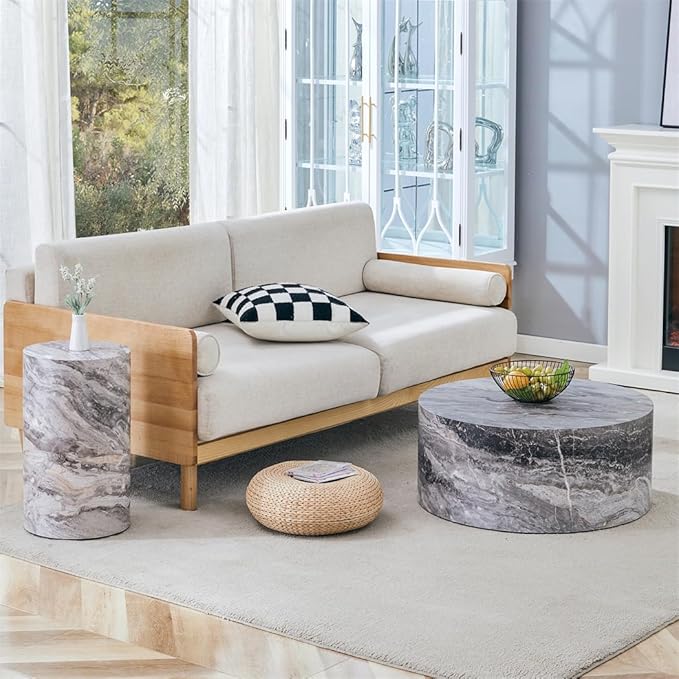 Round Coffee Table Set for 2, Modern Living Room Table Set, Faux Marble Wood