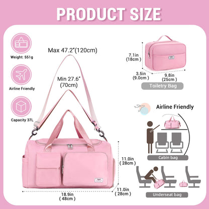 FIORETTO Women's Gym Duffle Bag with Shoes Compartment, 30L Capacity, Ideal for Travel, Gym, Sports, Duffel, Weekender, with Toiletry Bag, Pink
