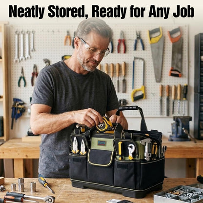 Tool Bag, Ounic 18 Inch Large Tool Tote Bag Heavy Duty With Waterproof Molded Base, Wide Mouth Tool Box Organizer with Adjustable Shoulder Strap for Electrician Mechanic Craftsman Plumbers(Green)