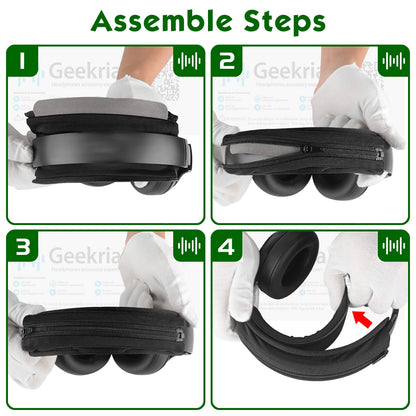 Geekria Hook and Loop Headband Cover + Pad Set, Protector with Zipper Closure Compatible with Medium Sized Headphones, Easy DIY Installation (Protein Leather/Black)