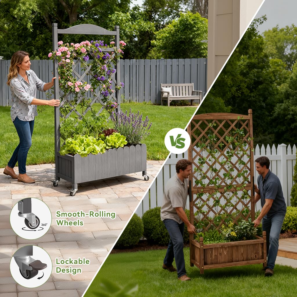 COMHOMA 2 Pack Raised Garden Bed with Trellis and Wheels,48Inch Elevated Planter Box with Drainage Holes,Lattice Privacy Screen for Climbing Plants Vegetables,Outdoor for Patio Balcony Yard,Gray