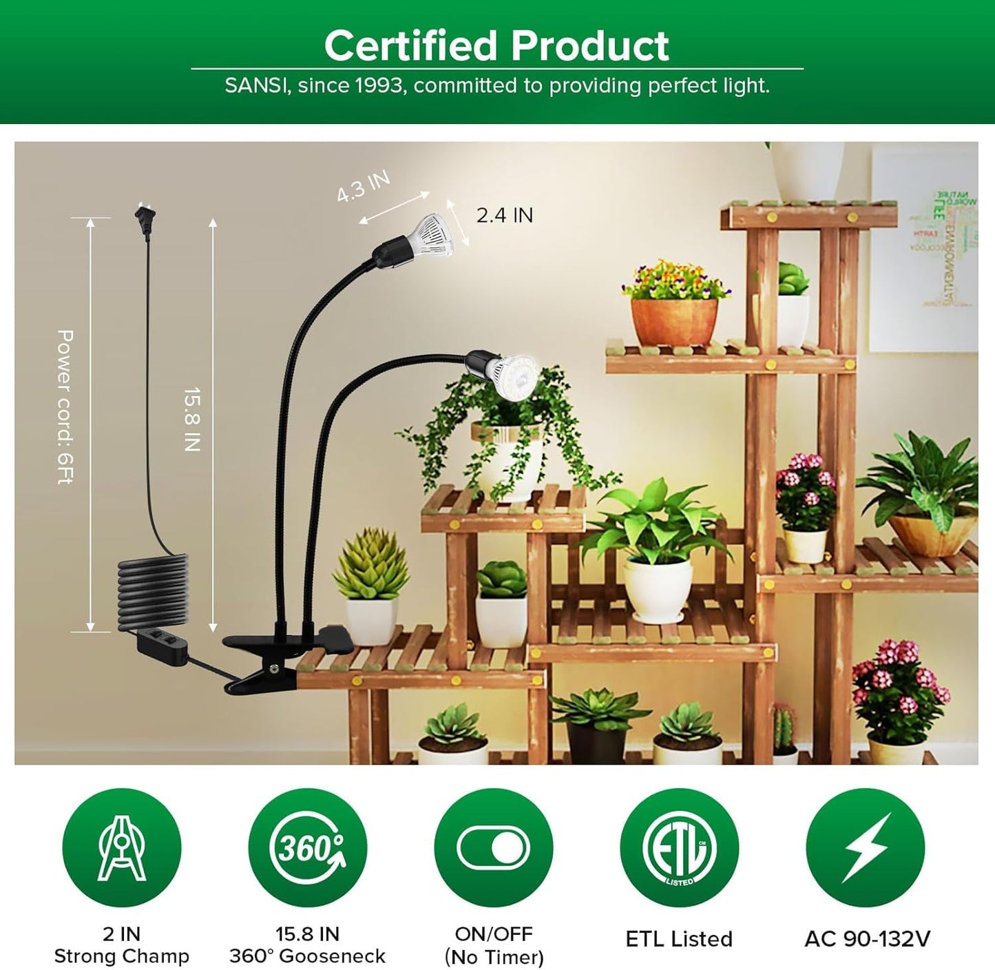 SANSI LED Grow Lights for Indoor Plants, 300W Full Spectrum Gooseneck Clamp Grow Lamp, 20W Power Plant Light with High PPFD for Seeding, Lifetime Free Bulb Replacement Plant Lights for Indoor, 2 Head