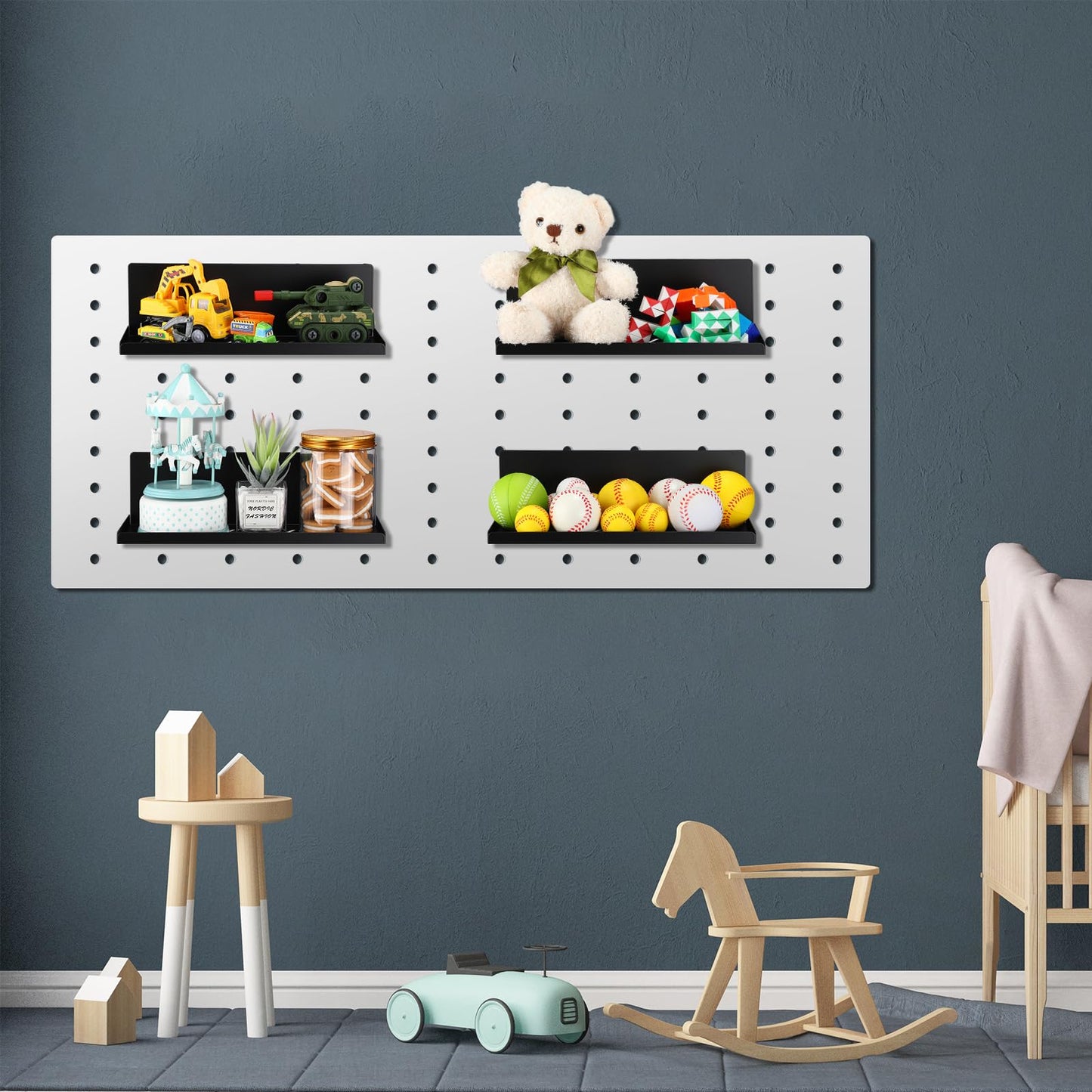 Therwen 4 Pack Magnetic Pegboard Shelves Wall Organizer Metal Pegboard Shelf Steel Tray Accessories Organizing Tools for Craft Home Kitchen(12 x 4.8 x 3.6 Inches,Black)
