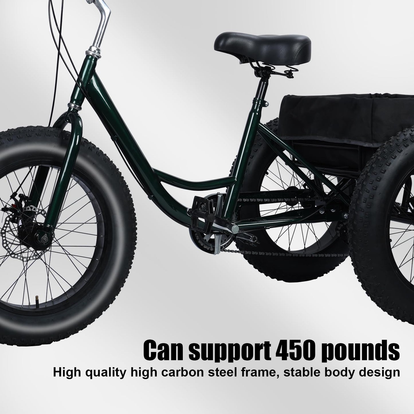 Maixhae Tricycle for Adults, Fat Tire 3 Wheel Bike with 7 Speeds, 450lbs Capacity, 20 Inch All-Terrain Trike, Dual Disc Brakes, Adjustable Seat & Large Rear Basket (Black)