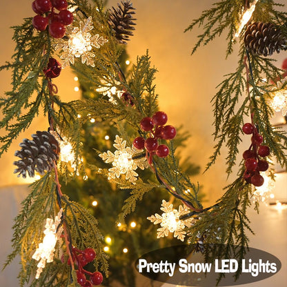 Christmas Garland Lights 6.56FT 20 Snow LED Pine Garland with Lights Battery Operated with Bells Red Berries Pinecones Cypress Greenery Garlands Decoration for Xmas Tree Mantle Door Stairs Home Decor