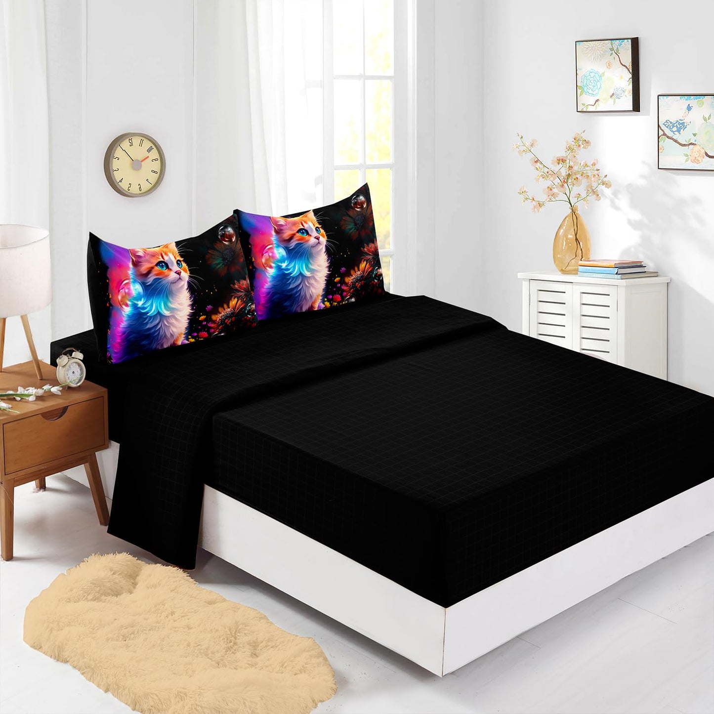 XYNHML Cartoon Kawaii Cat Comforter 7Pcs 3D Animal Flower Toddler Bedding Set Cat Lovers Animal Bubble Quilt Bed Set for Kid Girl Boy Teen Adult Twin with 2 Sheets,2 Pillowcases,2 Throw Pillow Covers