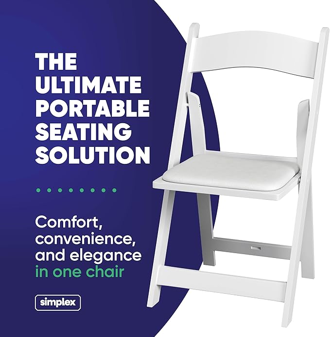 SIMPLEX 12 White Folding Chairs – Resin Stackable Foldable Chairs with Padded Seats – Comfortable White Folding Chairs for Indoor/Outdoor Events – Lightweight Resin Chairs (Set of 12)