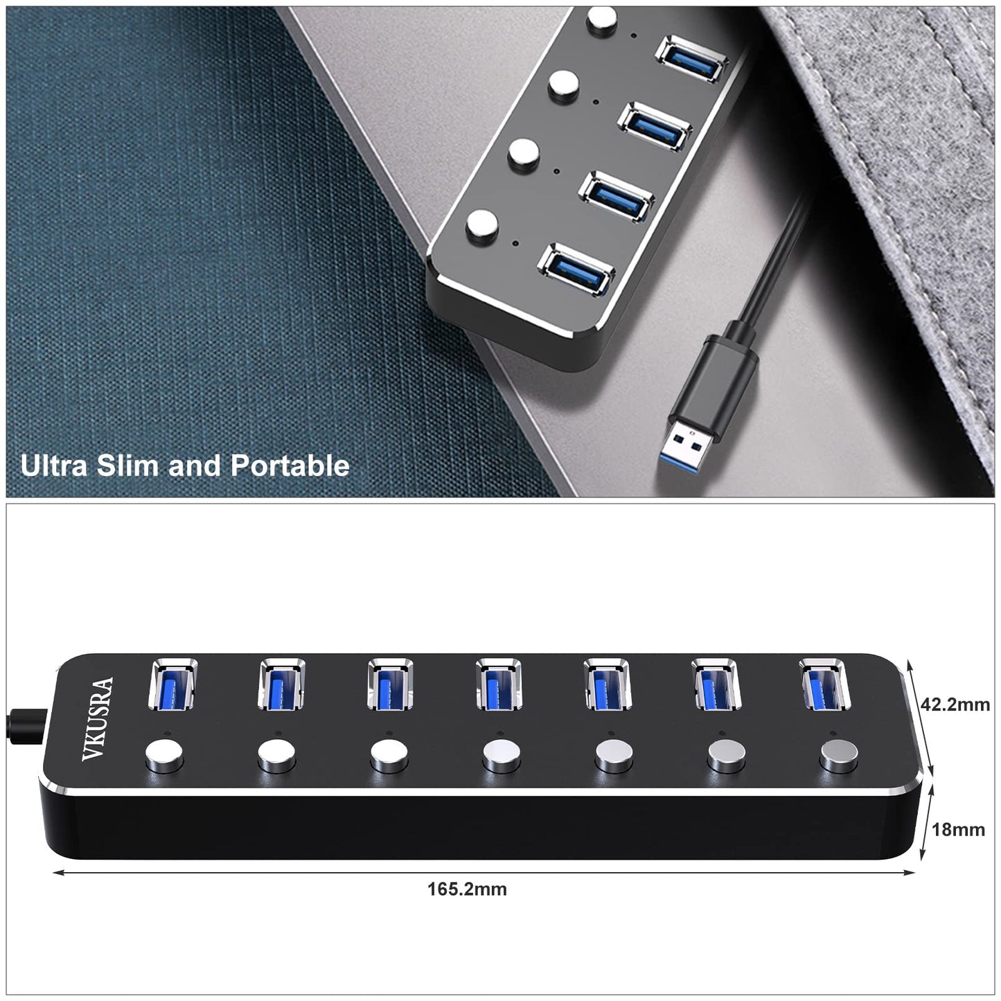 USB 3.0 Hub Powered, VKUSRA Aluminum 7 USB Port SuperSpeed USB Data Hub with 5V3A Power Adapter and Individual On/Off Switch for Surface Pro, Windows, PC Laptop, Desktop, NoteBook and More