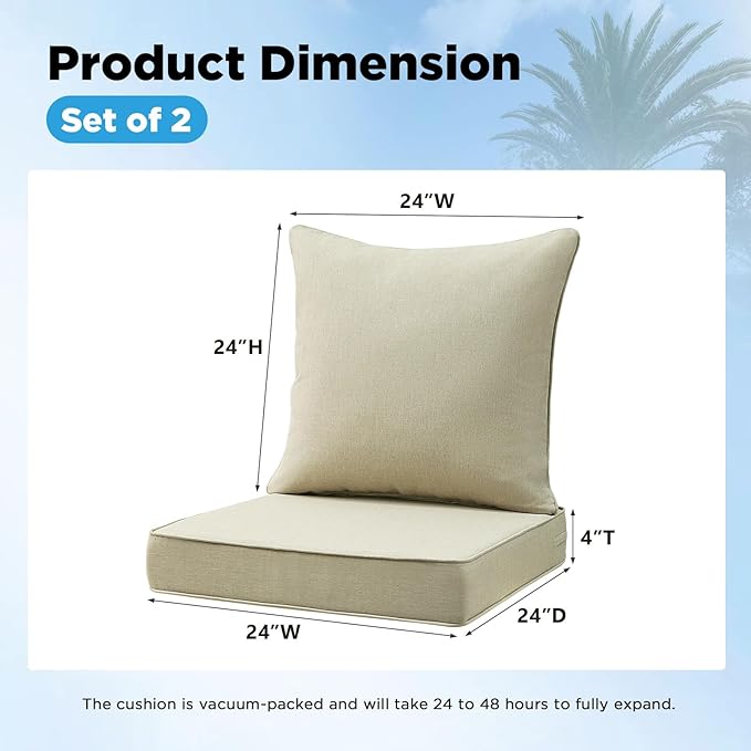 Outdoor Deep Seat & Back Cushion Set, 24 x 24 Inch Water Repellent and Fade