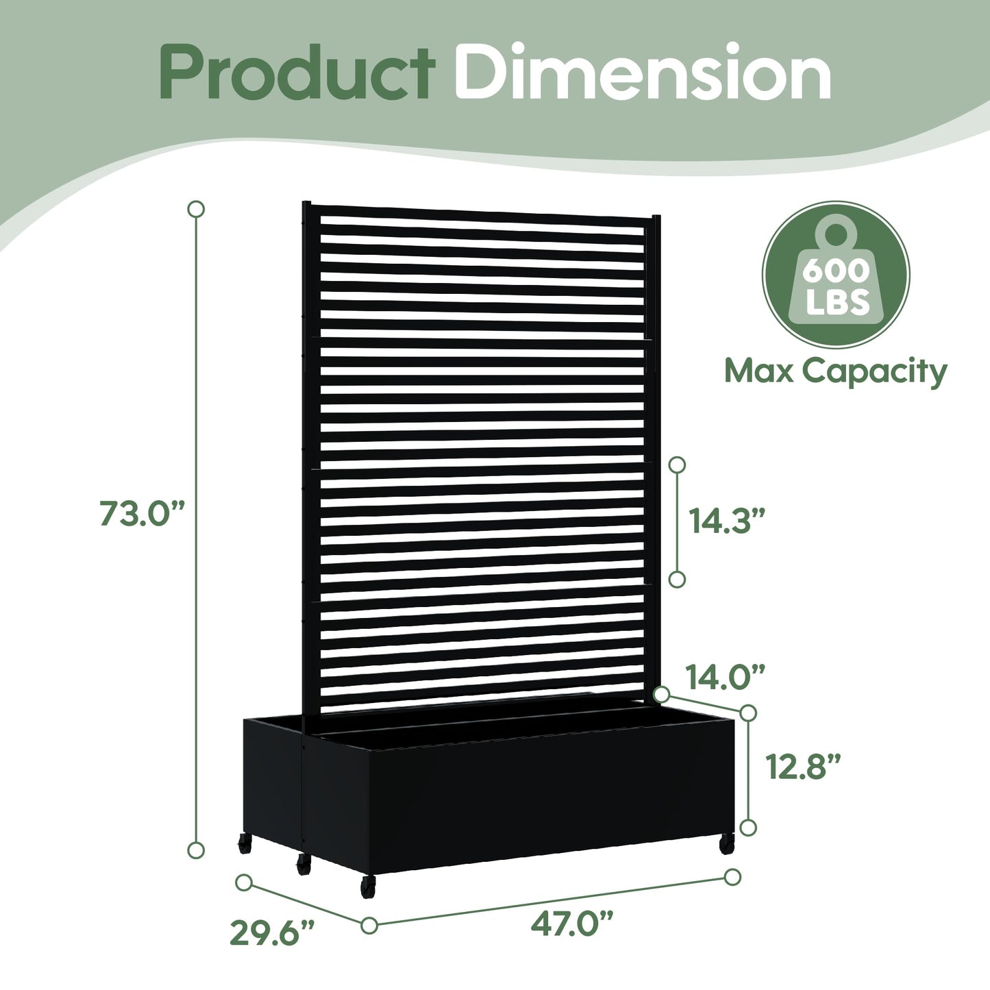 Sunnibety Double Metal Planter Box with Trellis Privacy Screen, Raised Garden Bed with Trellis & Wheels, Planter Box Outdoor with Drainage Holes for Climbing Plants, Vines,73"x 47"x 30", Black