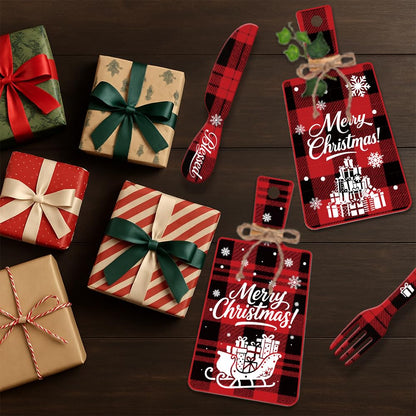 PH PandaHall 6pcs Christmas Wooden Sign, Red Plaid Christmas Kitchen Eat Sign Decorations Wall Decor Eat Art Hanging Fork Spoon Dining Signs for Home Kitchen Dining Living Room Bar Cafe