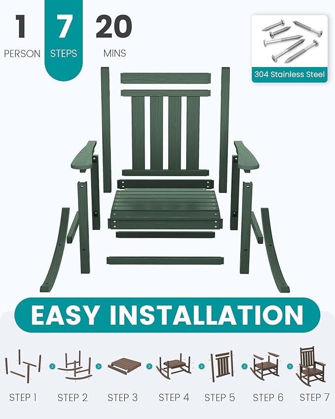 SERWALL HDPE Outdoor Rocking Chair Set of 8, Patio Rocking Chairs for Adults, All Weather Outdoor Rockers for Lawn, Green