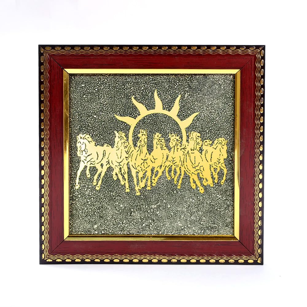 SATVIK 7 Horses on Raw Pyrite Frame – Natural Raw Pyrite Crystal Decorative Frame with Wooden Base – Seven Running Horses Motif for Home & Office Décor