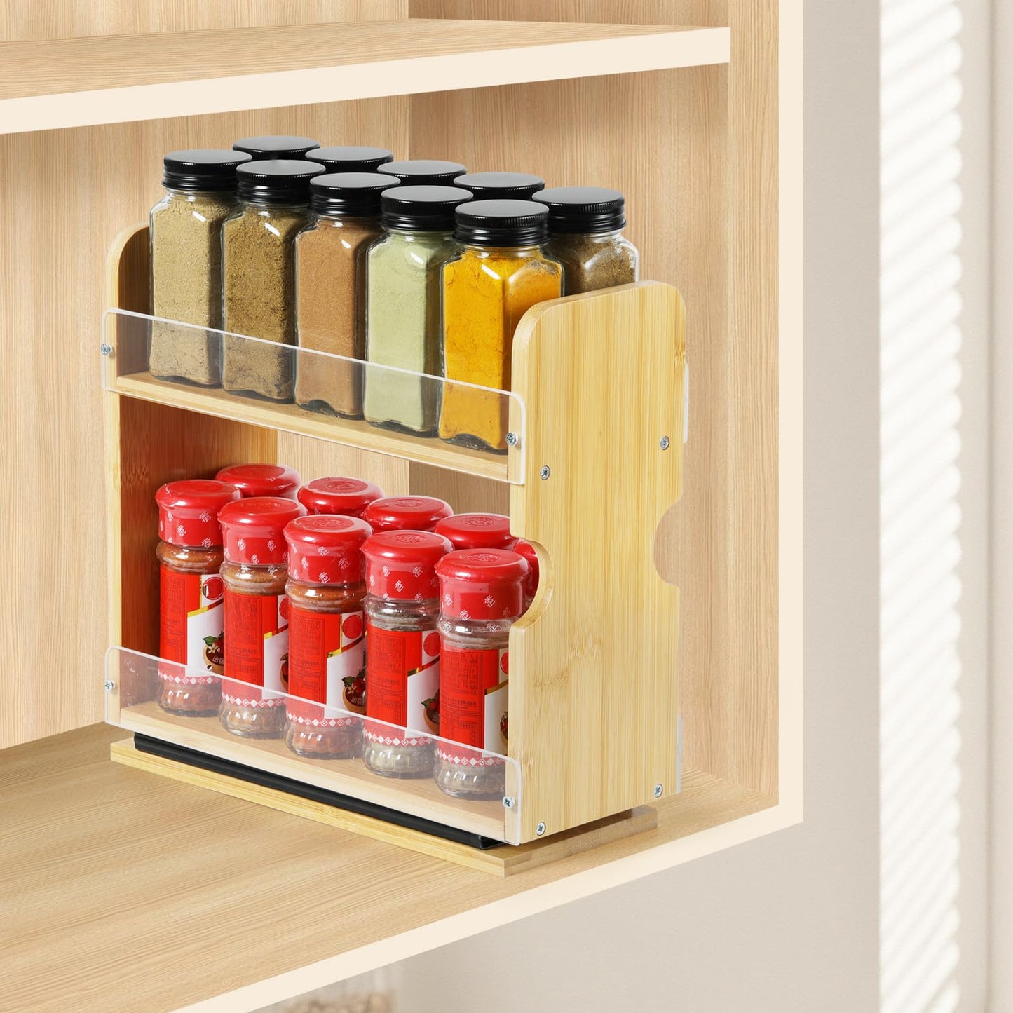 Memxike 2 Tier Pull Out Spice Rack Organizer, Bamboo Sliding Spice Rack for Kitchen Cabinet, (4.4" W x 10.6" D x 10.4" H) Spice Storage, Pantry Organization