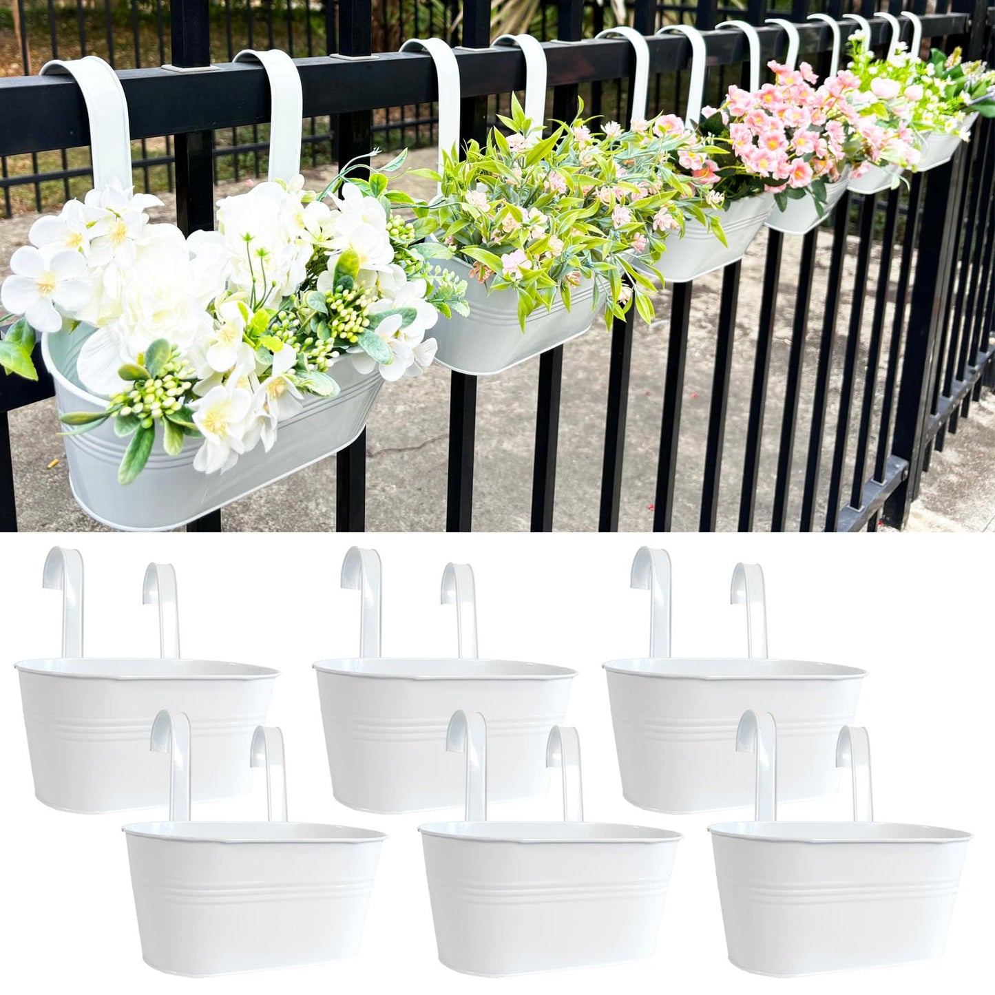 Joyfernal 10" Hanging Flower Pots, Pack of 6 White Metal Outdoor Patio Balcony Planter, Railing Planters Fence Pot with Detachable Hook & Drainage Hole for Small Plants (White, 6Pcs)