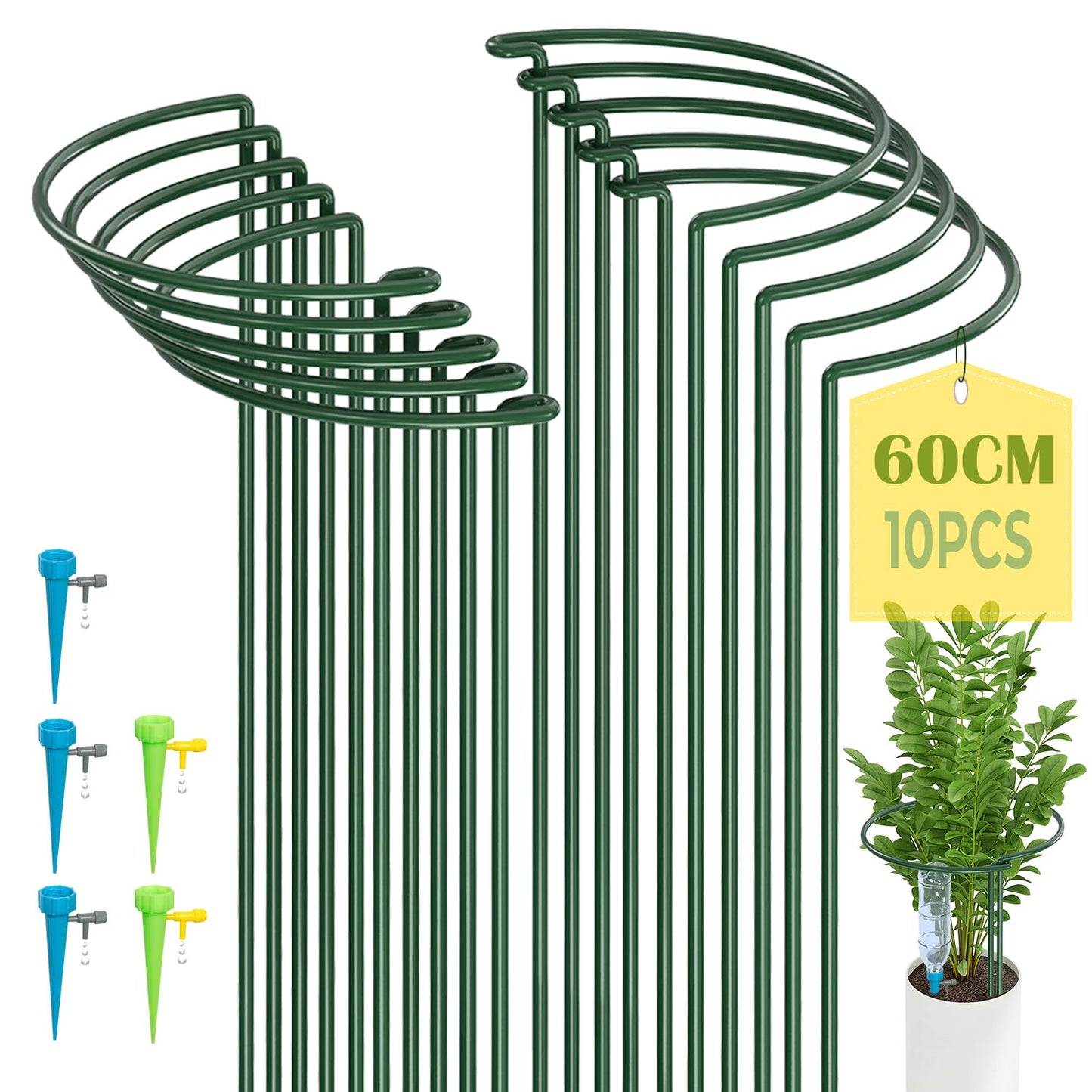 KAZITOO 10 Pack Large 60cm Tall Bow Plant Support Stakes, Strong Metal Garden Supports Half Round Flower Hoops with 5 Self Watering Spikes for Peonies, Hydrangea, Interlinking to Make Rows, Circles