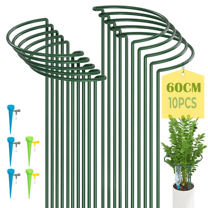 KAZITOO 10 Pack Large 60cm Tall Bow Plant Support Stakes, Strong Metal Garden Supports Half Round Flower Hoops with 5 Self Watering Spikes for Peonies, Hydrangea, Interlinking to Make Rows, Circles