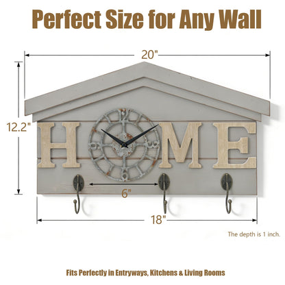 Farmhouse Battery Operated Wall Clock with Hooks Rustic Wooden Entryway Organizer with 3 Metal Hooks Key Hanger HOME letters Silent Quartz Clock Key Holder Wall Decor for Entryway Kitchen, Living Room