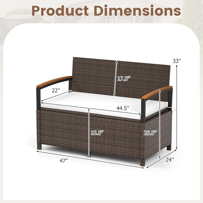 Tangkula 46 Gallon Outdoor Bench with Storage, Outdoor PE Rattan Storage Bench with Cushion, Backrest & Acacia Wood Armrests, Metal Frame, Waterproof Deck Box Seat for Porch Backyard Poolside