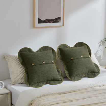 FUTEI Pack of 2 Chenille Buttons Throw Pillow Covers 18x18 Inch Four-Leaf Clover Shape Scalloped Bordered Decorative Cushion Case Farmhouse Accent for Couch Living Room, Moss Green