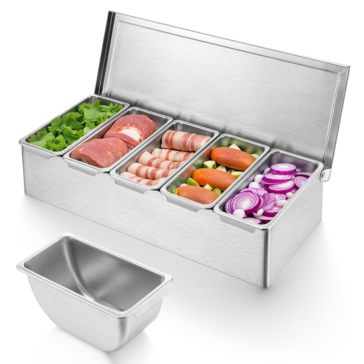 wutfuooo Pizza Topping Station, Condiment Station, Stainless Steel Pizza Topping Station with 5 Removable Containers for Salad Bar and Nacho Bar Topping Station and Grill Table