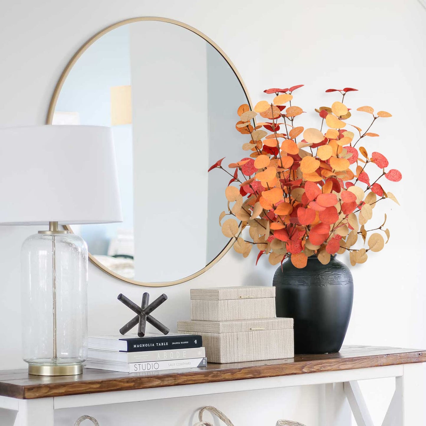Beferr 5 Pcs Autumn Artificial Eucalyptus Stems Leaves Autumn Decoration for Home Faux Eucalyptus Autumn Artificial Flowers for Fall Decor Table Centerpieces Thanksgiving Wedding Party Halloween Decor
