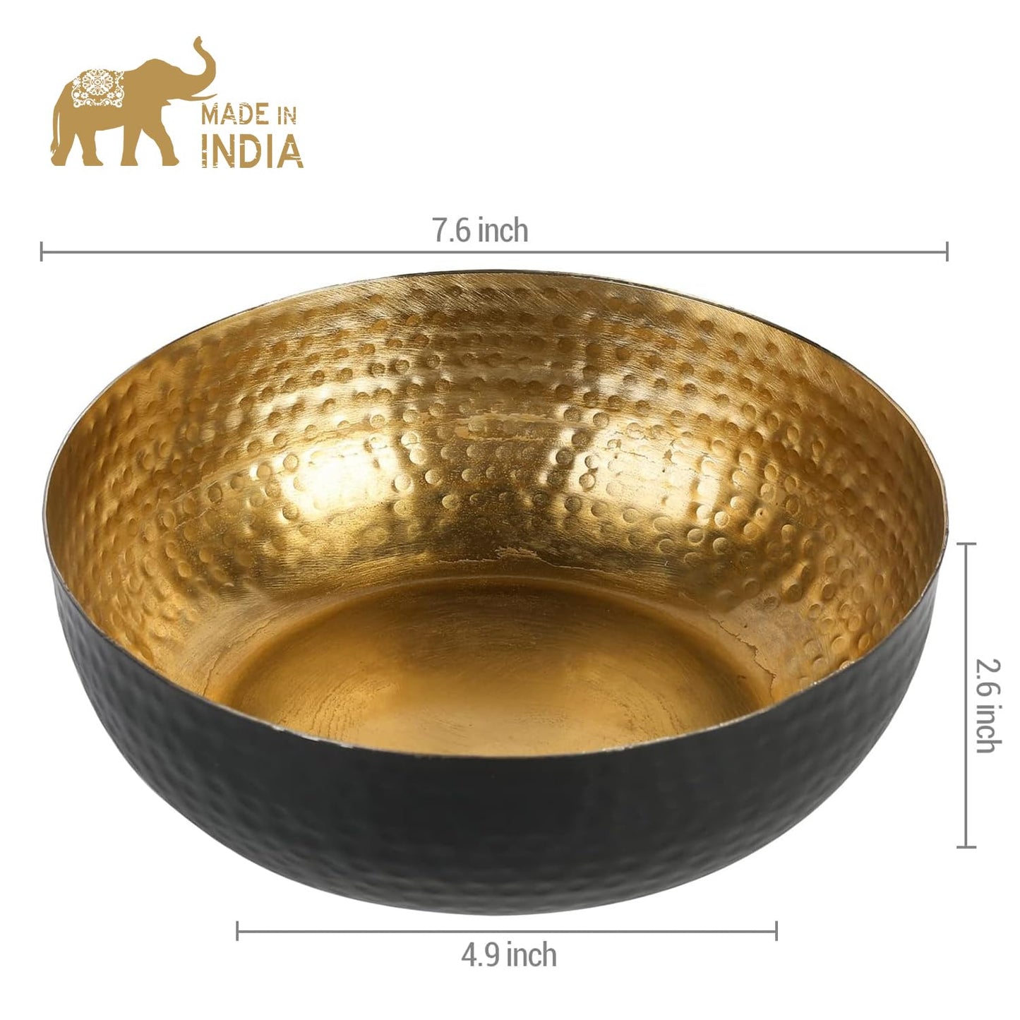 MyGift Black Metal Hammered Decorative Bowl for Home Decor with Gold Interior, Art Deco Style Centerpiece Table Decoration and Coffee Table Decor - Handcrafted in India (Dia 7.6 inches)