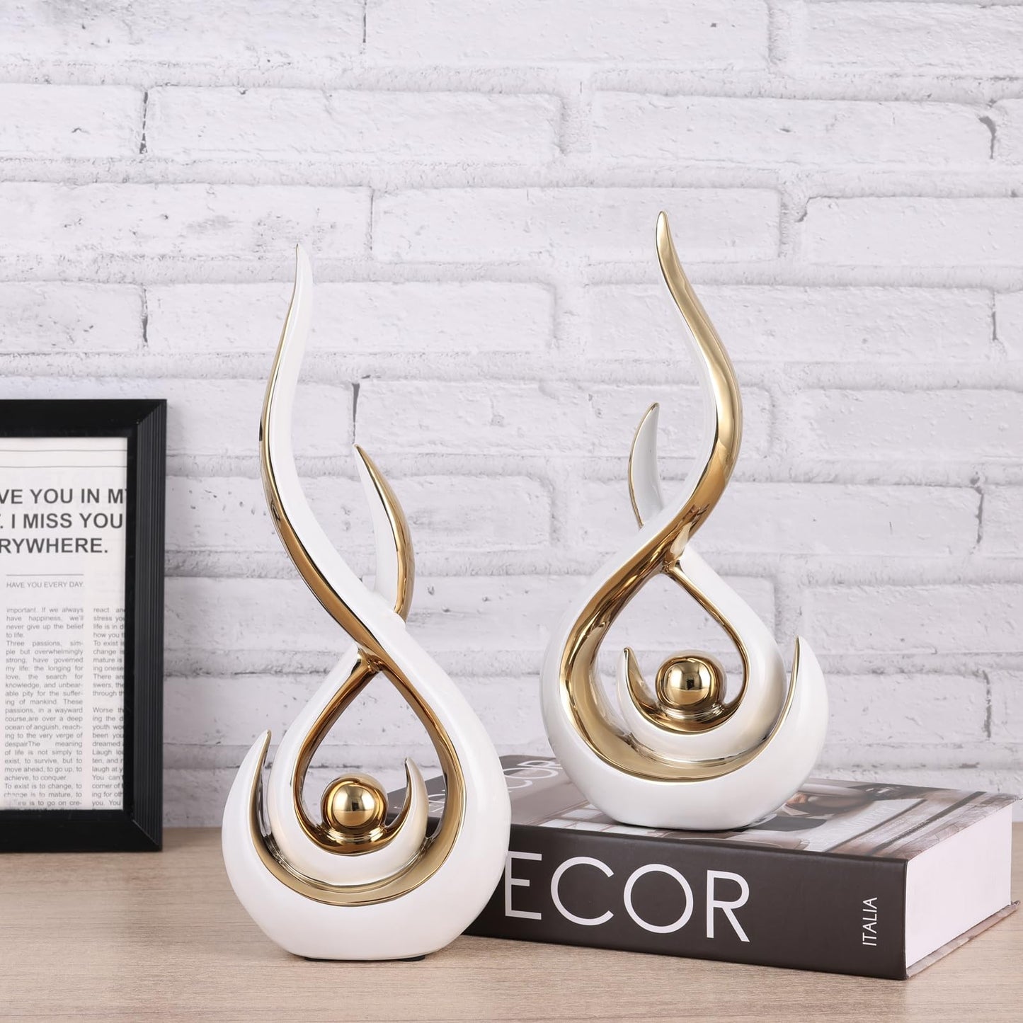 Ceramic Abstract 2 Piece Statue Set, White and Gold Home Decor Accents for Home Decor Statue Mantel Shelf Decor Unique Shelf Decor on Mantel, TV Cabinet Divider Table Top and Dining Table Centerpiece.