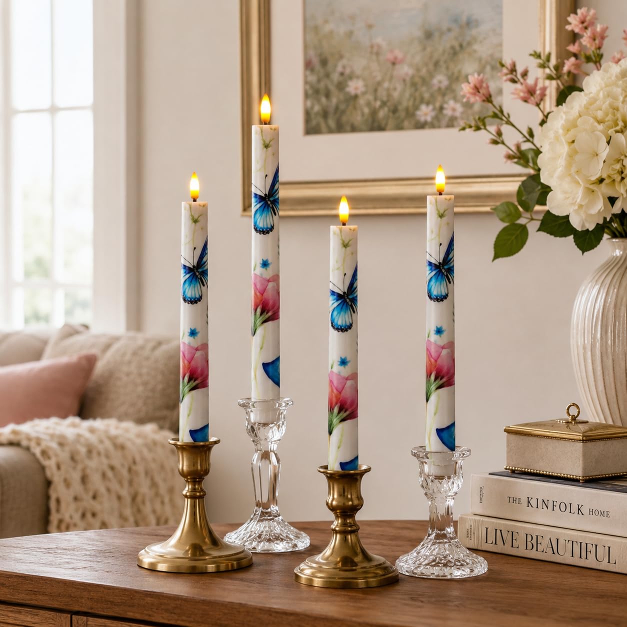 SEUCRWAX 10 Inch Flameless Taper Candles,LED Candlesticks Battery Operated with 10-Key Remote and Timer,4p Flame Lights for Wedding Decoration Party(Butterfly)
