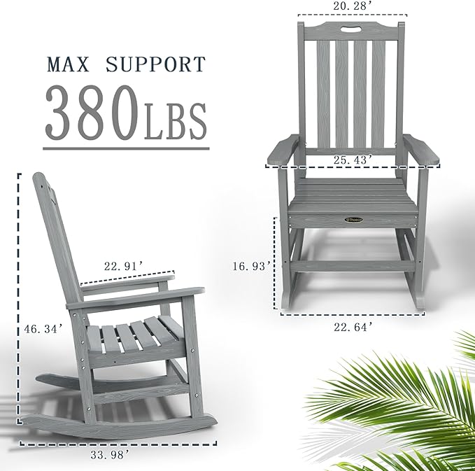 Oversized Rocking Chair Set of 4, Outdoor Rocking Chair for Adults, All Weather Resistant Porch Rocker for Lawn Garden, Grey