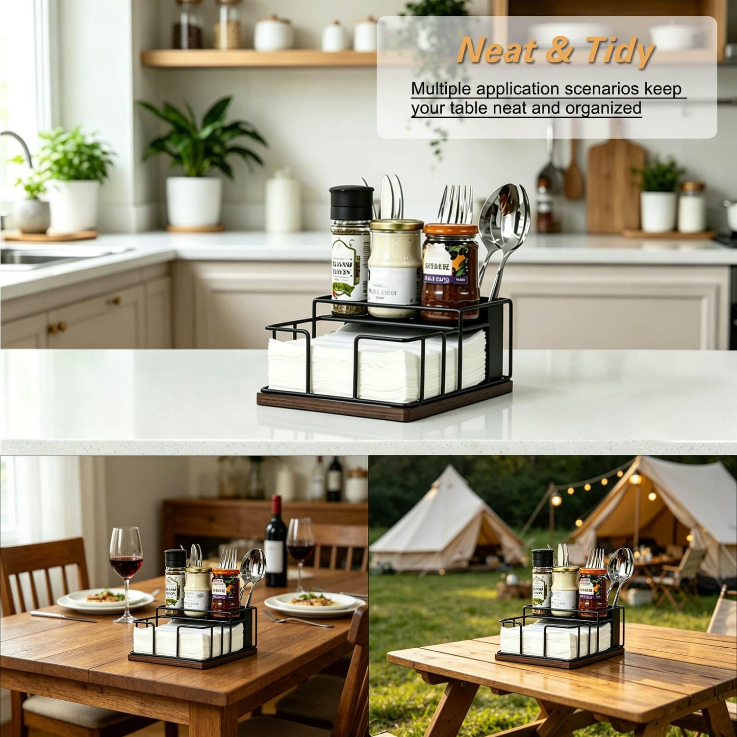 Napkin Holder for Table, Metal Napkin Holder Dispenser with Salt and Pepper Shakers Storage, 3-in-1 Utensil Holder Spice Rack for Kitchen Dining Table Buffet Patio Camping (Black)