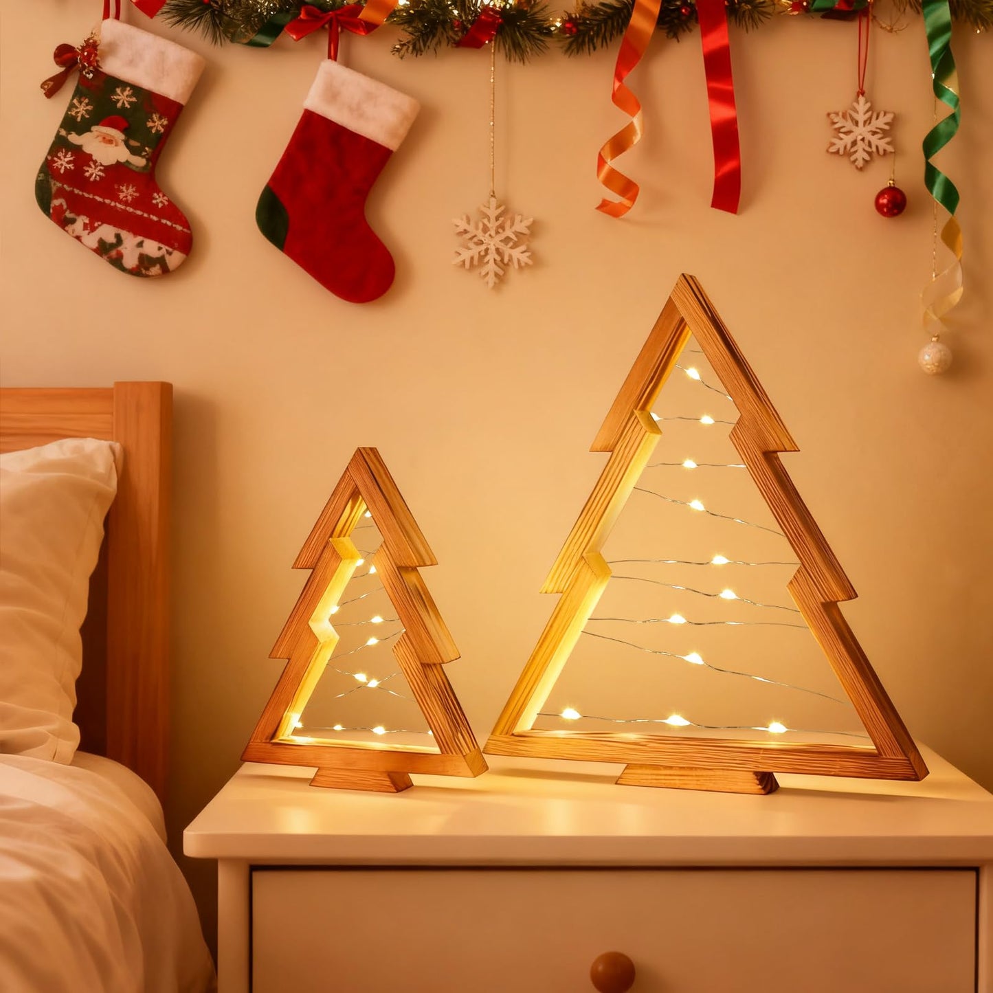 HOMIEE Wooden Christmas Tree 2PCS Handmade Tabletop Decor with Light for Farmhouse Home Kitchen Table Mantle Shelf Holiday Indoor Party Decor