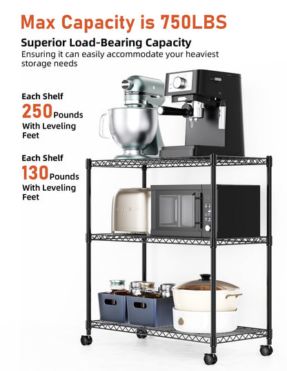 YSSOA 3-Tier Heavy Duty Storage Shelves 750Lb Capacity, 24.02" D x 13.78" W x 31.98" H Shelving Unit for Pantry, Garage, Laundry and Kitchen, Black, 2 Pack