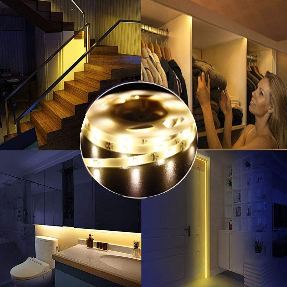 OriFiil LED Strip with Motion Sensor, 150 cm LED Strip Cabinet Lighting, Battery Operated Night Light, 3000 K Warm White Strip for Children's Room, Bedroom, Kitchen, Orientation Light