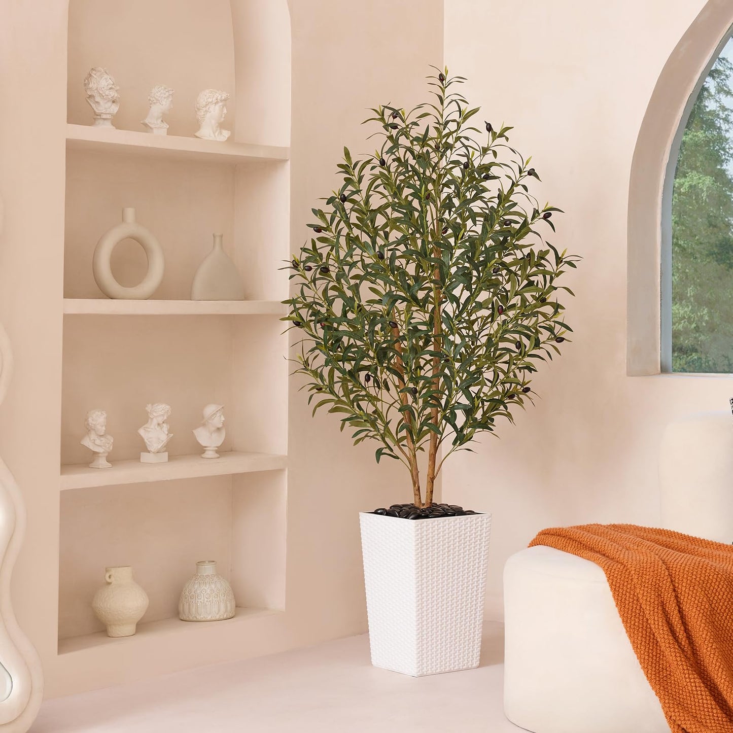 OAKRED Artificial Olive Tree 5FT Faux Olive Tree - Adjustable Branches UV Resistant with White Taper Planter and Pebbles - Faux Plants Indoor for Living Room, Office Decor and Bedroom