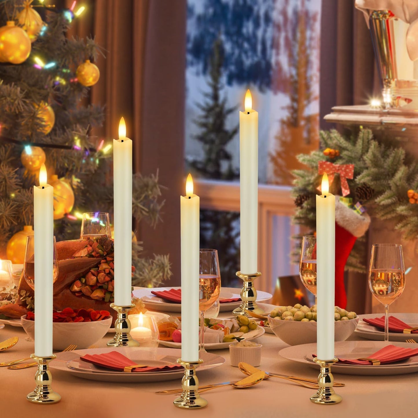 HINZER 6 Pcs Flameless Taper Candles with Remote & Timer 9.6 inch Real Wax Battery Operated LED Warm 3D Wick Flickering Window Candles for Halloween Christmas Wedding Decor, Ivory