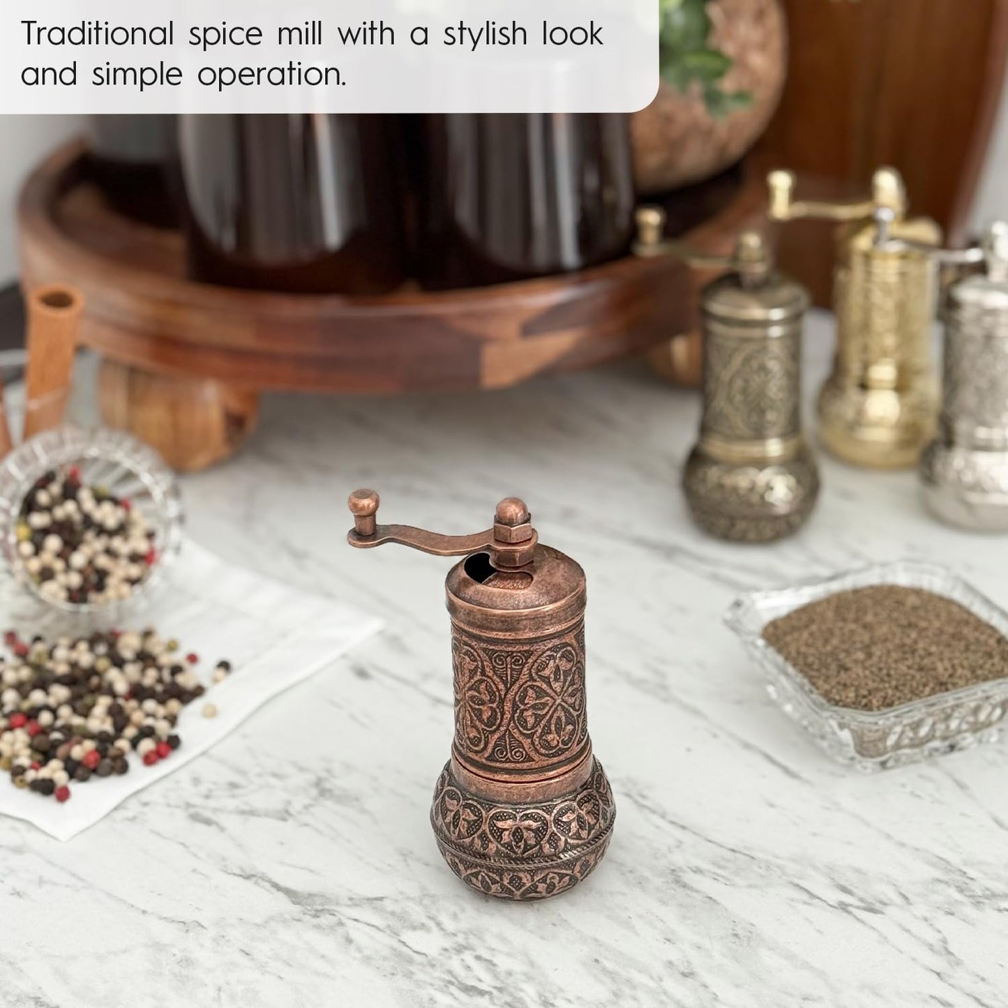 Glios Handmade Decorative Black Pepper Grinder, Refillable Turkish Spice Mill Manual Pepper Mill with Handle, Spice Grinder Metal with Hand Crank 11 cm-4.3 inch