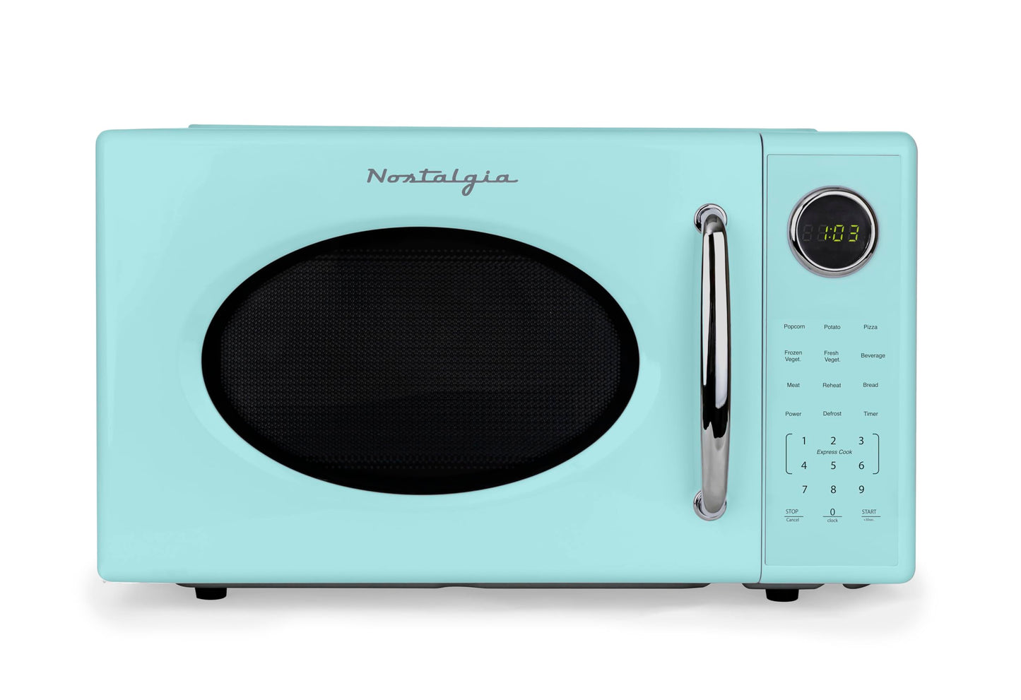 Nostalgia Retro Microwave Oven - 0.7 Cu Ft, 700-Watt Countertop Size with Glass Turntable, Child Safety Lock, 8 Auto-Cook Programs, Digital Clock - Aqua