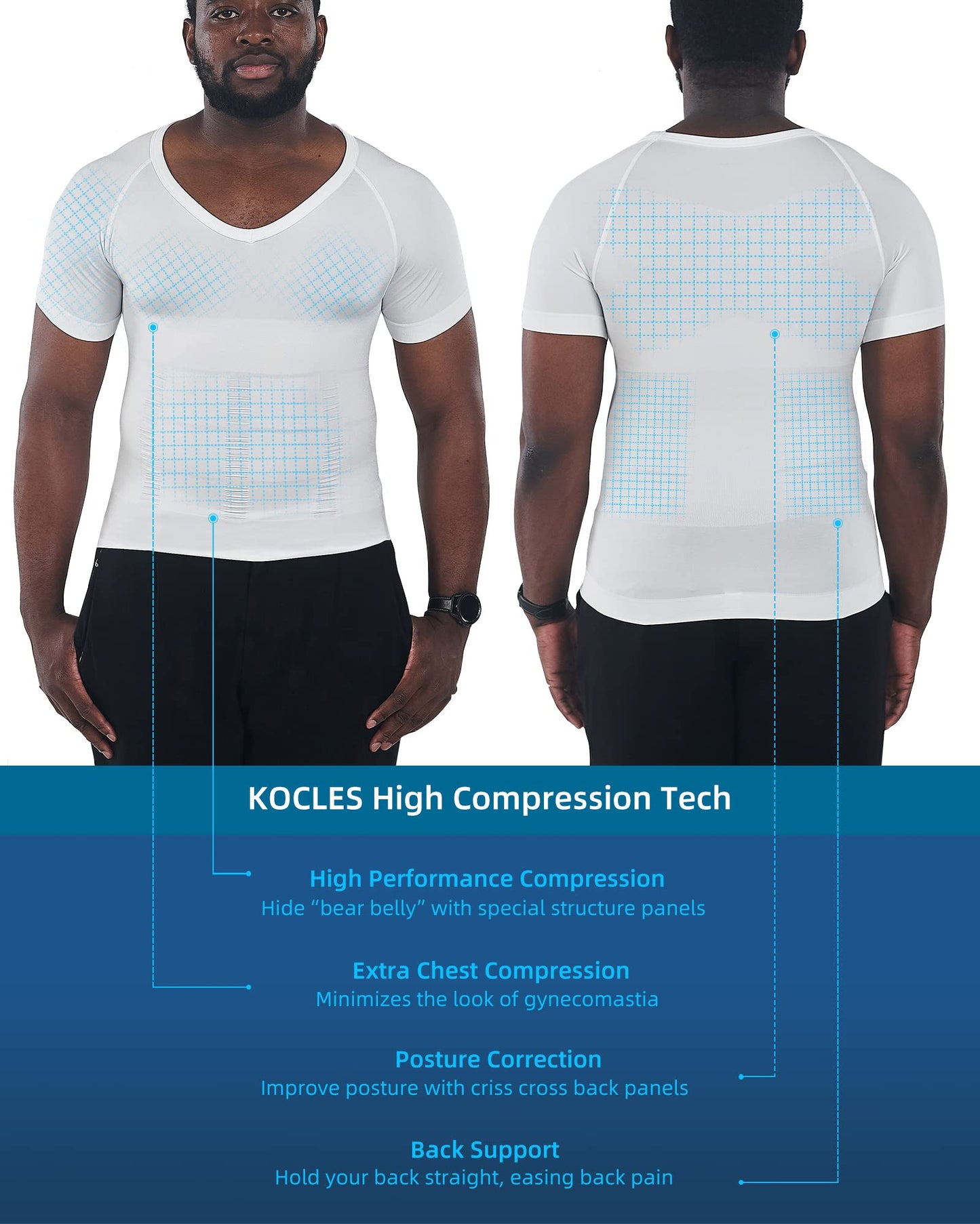 KOCLES Gynecomastia Compression Shirts for Men, Shapewear Slimming Body Shaper Undershirt, V-Neck Baselayer T-Shirt for Workout Sports, Fajas para Hombres (White, X-Large)