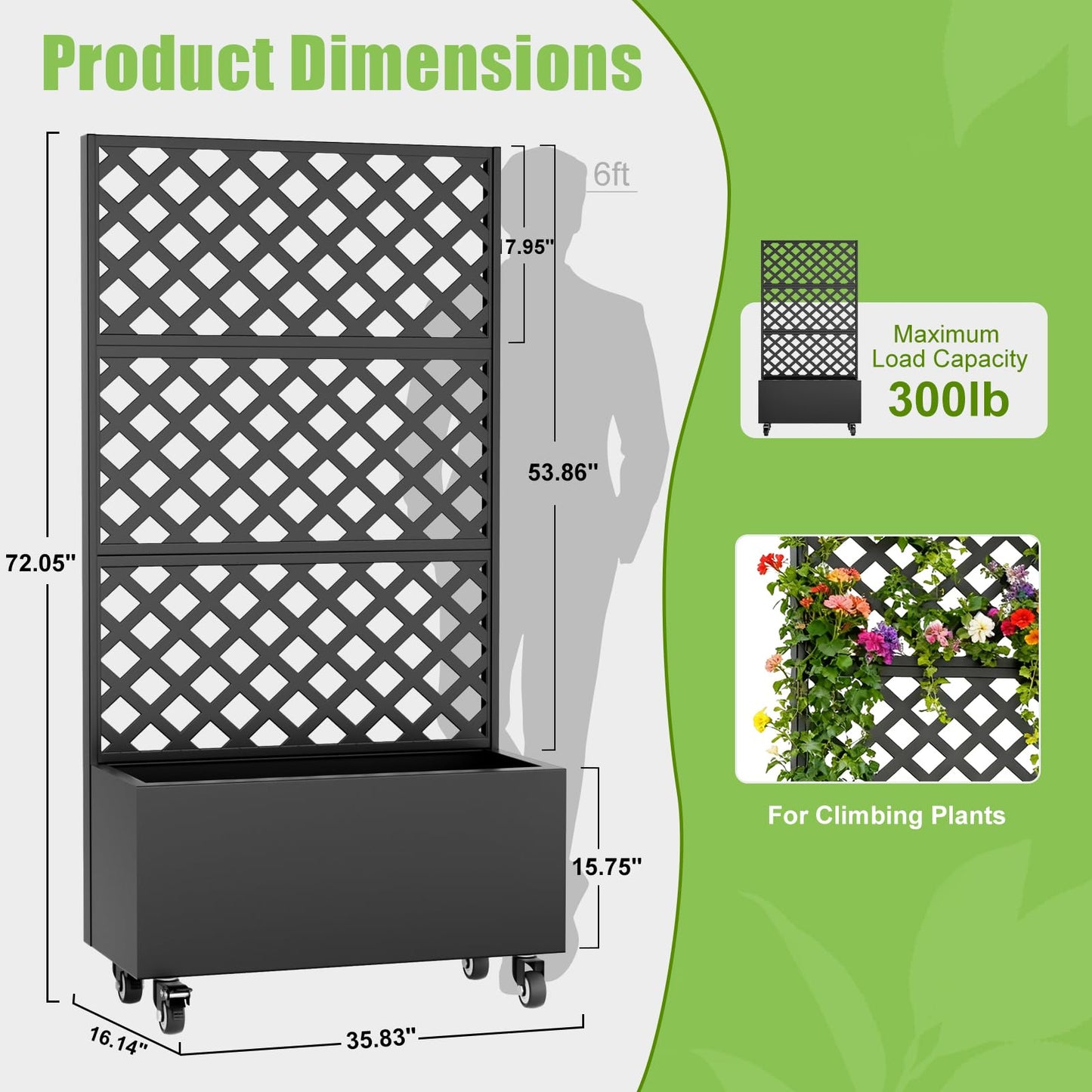 Luzfuego Metal Planter Box with Trellis, 72" Tall Outdoor Raised Garden Bed on Wheels, Flower Planter for Climbing Plants with Drainage Holes & Lockable Casters