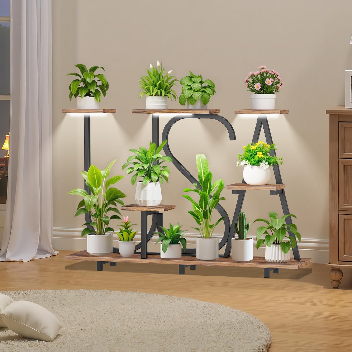 NUNUDA Plant Stand Indoor with Grow Lights - Enlarged 6 Tiered Plant Shelf with Grow Light, 32" USA-Shaped Plant Stand Holds 12 POTS Indoor Plants, Metal Plant Shelf for Home, Living Room, Patio